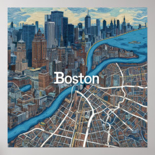 Poster Mapa Antigo de Boston Massachusetts, Mapa de Bosto