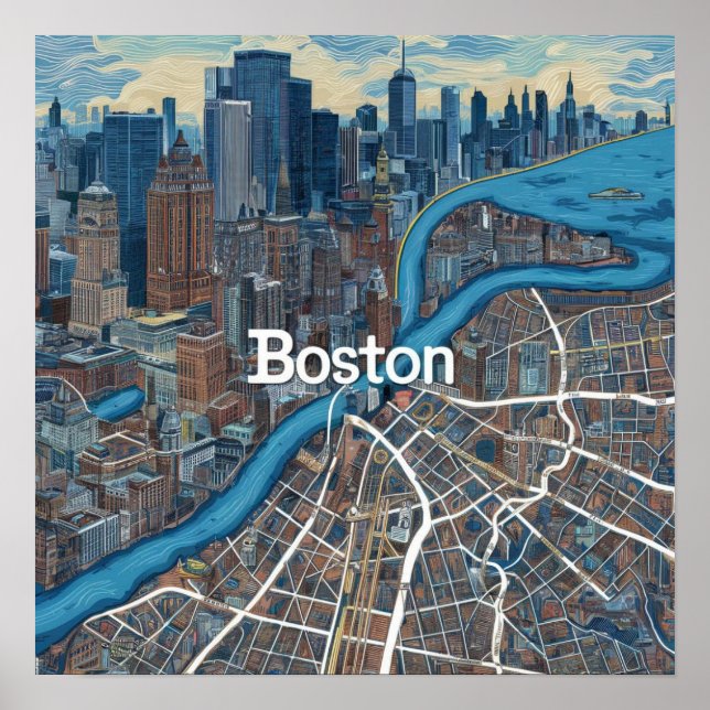 Poster Mapa Antigo de Boston Massachusetts, Mapa de Bosto (Frente)