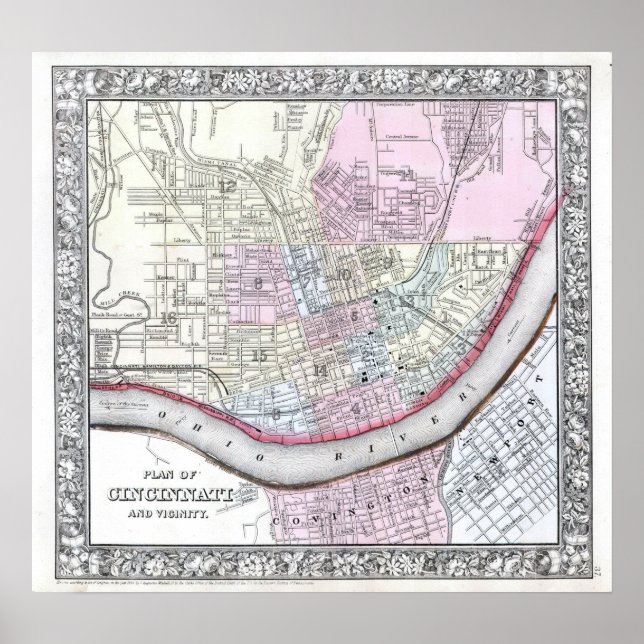Poster Mapa Antigo de Cincinnati, 1864 (Frente)