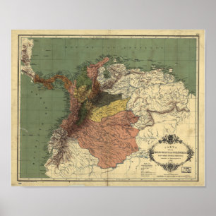 Poster Mapa antigo de Colômbia - Panamá 1886