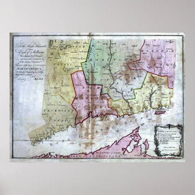 Pôster Mapa antigo de Connecticut 1766 (Frente)