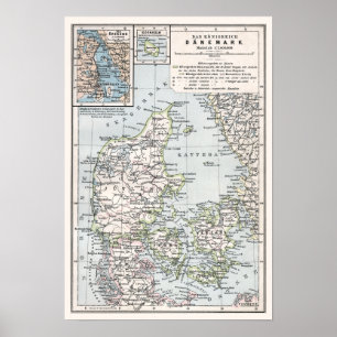 Pôster Mapa antigo de Dinamarca, Danemark, Danmark