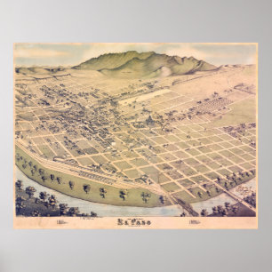 Poster Mapa antigo de El Paso, Texas, EUA, em 1885