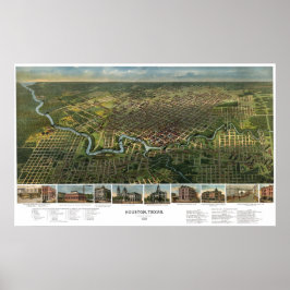 Poster Mapa antigo de Houston, Texas com Rio Buffalo
