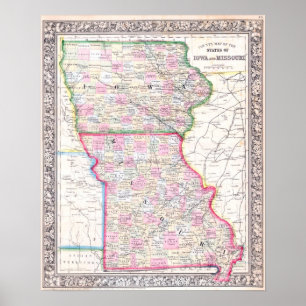 Poster Mapa Antigo de Iowa & Missouri, 1864
