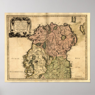 Poster Mapa antigo de Irlanda do Norte 1665