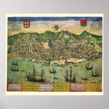 Mapa Antigo de Lisboa, Portugal por Braun/Hogenber