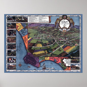 Poster Mapa Antigo de Los Angeles, Califórnia, Vista Aére
