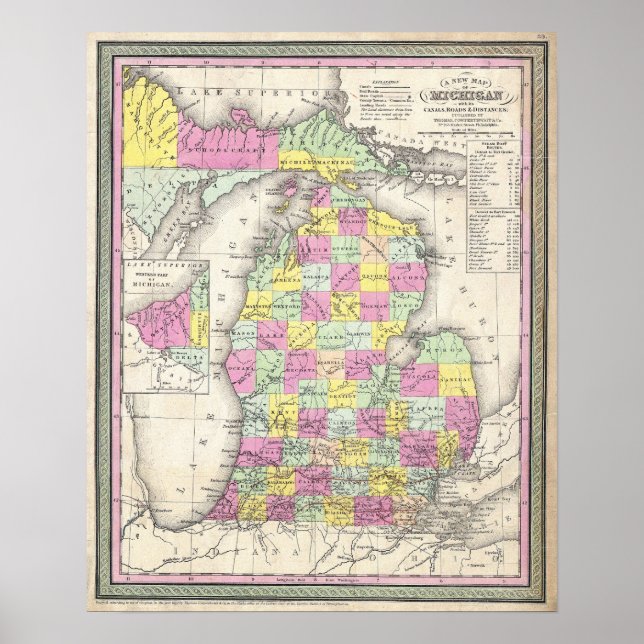 Poster Mapa Antigo de Michigan, 1853 (Frente)