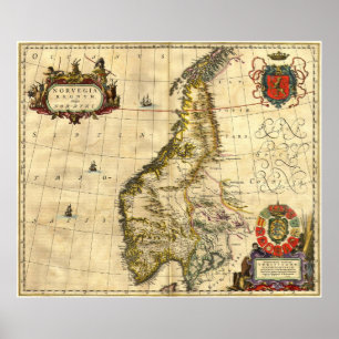 Pôster Mapa antigo de Noruega
