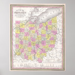 Poster Mapa Antigo de Ohio, 1850