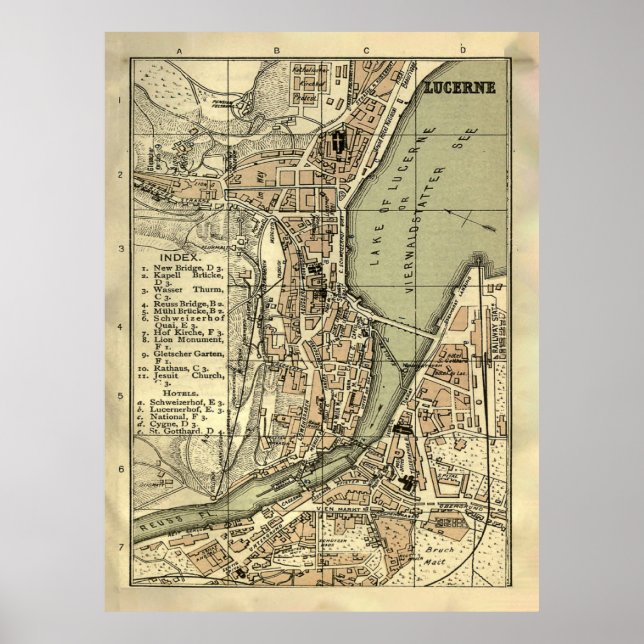 Poster Mapa antigo de Suiças de Luzerna (1887) (Frente)