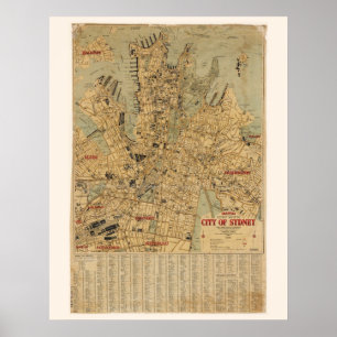 Pôster Mapa antigo de Sydney Austrália