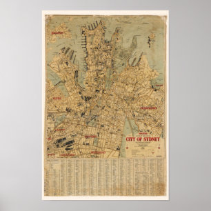 Pôster Mapa antigo de Sydney Austrália