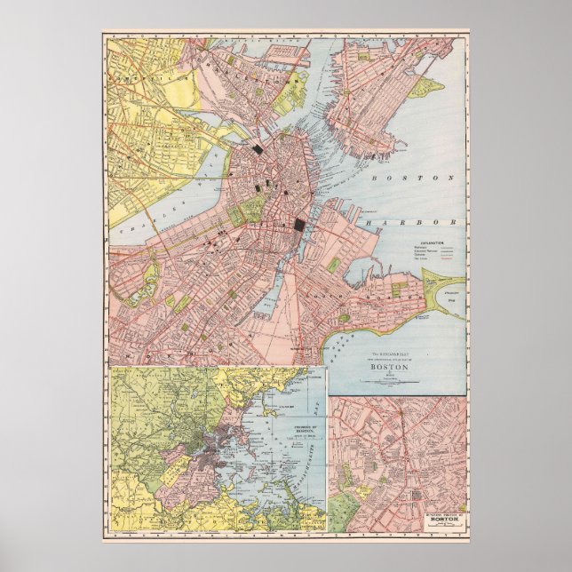 Poster Mapa Antigo Detalhado da Cidade de Boston 1912 (Frente)