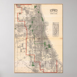 Poster Mapa Antigo Detalhado das Ruas de Chicago