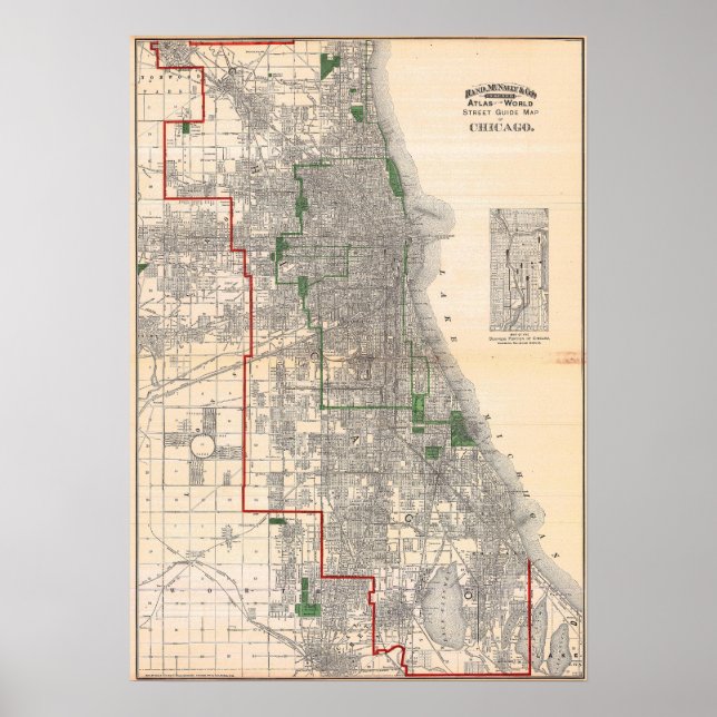 Poster Mapa Antigo Detalhado das Ruas de Chicago (Frente)