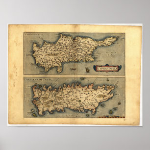 Poster Mapa antigo do ATLAS 1570 A.D. de Chipre ORTELIUS