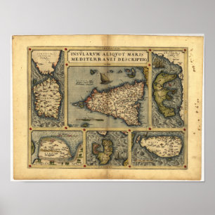 Pôster Mapa antigo do ATLAS 1570 A.D. de Sicília ORTELIU