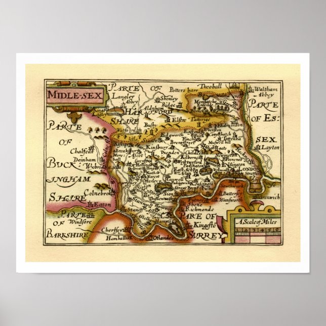 Poster Mapa Antigo do Atlas do Condado Médio de Middlesex (Frente)