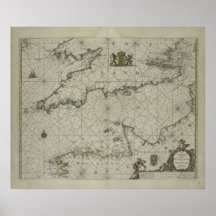 Poster Mapa antigo do canal, 1666 (gravura da cor)