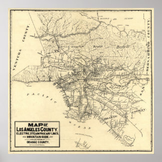 Pôster Mapa Antigo do Condado de Los Angeles, Califórnia