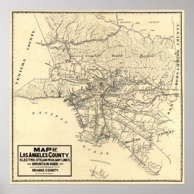 Pôster Mapa Antigo do Condado de Los Angeles, Califórnia  (Frente)