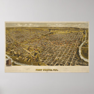 Poster Mapa antigo do Fort Worth, Texas, EUA, 1891