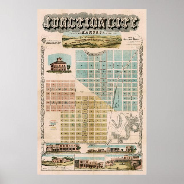 Poster Mapa antigo do Kansas de Junction City (1870) Vint (Frente)