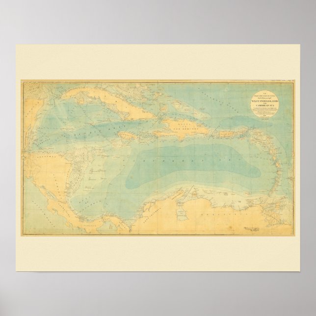 Pôster Mapa Antigo do Mar do Caribe (Frente)