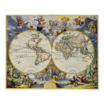 Mapa antigo do mundo em dois hemisférios 1683