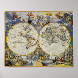 Poster Mapa antigo do mundo em dois hemisférios 1683