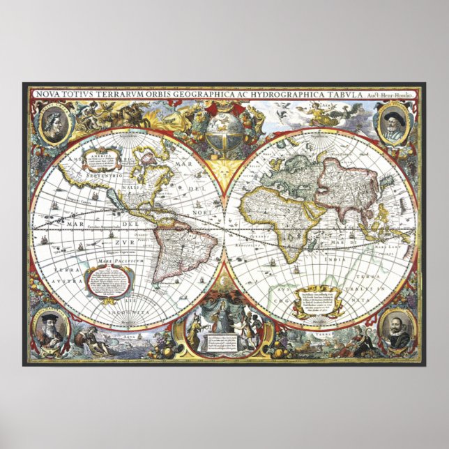 Pôster Mapa antigo do mundo por Hendrik Hondius, 1630 (Frente)