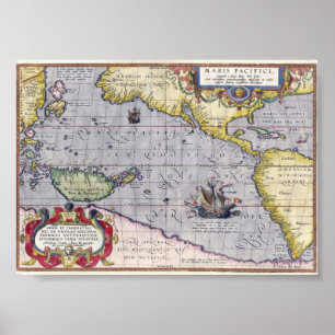Poster Mapa antigo do oceano Pacífico ano 1589