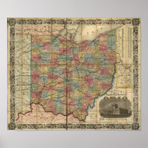 Poster Mapa antigo do trilho 1854 de Ohio