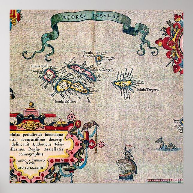 Pôster Mapa Antigo dos Açores - Exploração de Navegação V (Frente)