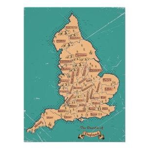 Pôster Mapa Antigo dos Condados da Inglaterra