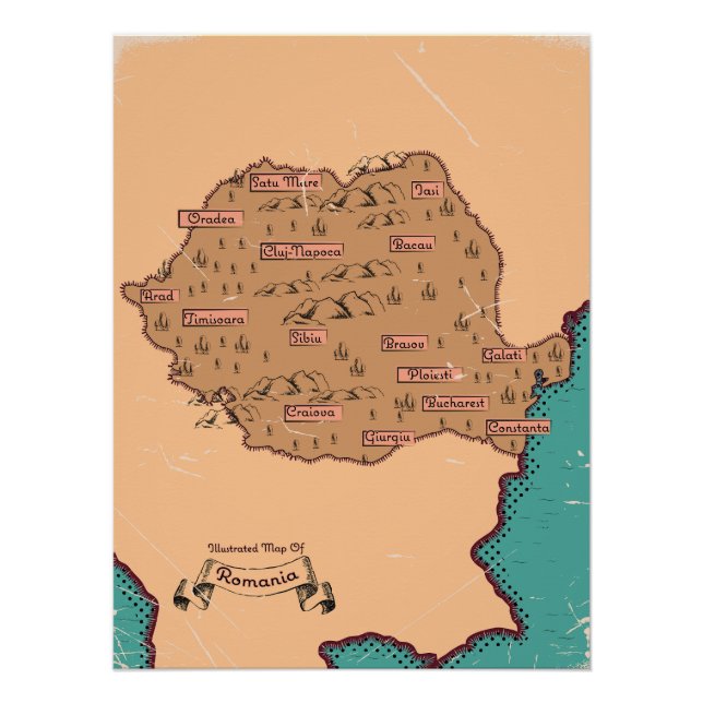 Pôster Mapa Antigo dos Condados da Roménia (Frente)