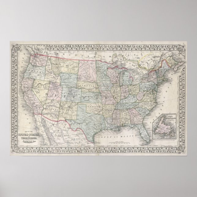 Poster Mapa Antigo dos Estados Unidos por Mitchell (1867) (Frente)