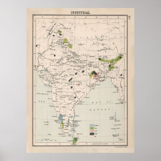 Poster Mapa antigo dos recursos industriais da Índia (190 (Frente)