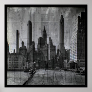 Pôster Mapa Antigo e Foto Retro de Nova York