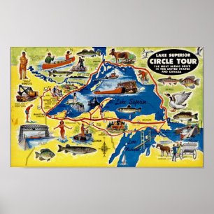 Poster Mapa Antigo Ilustrado do Lago Superior