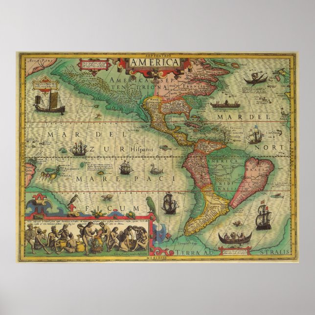 Poster Mapa antigo mundial das Américas, 1606 (Frente)