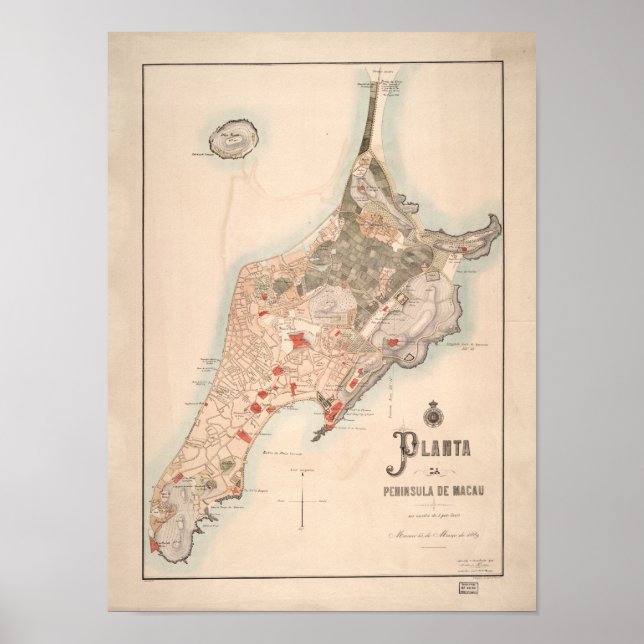Pôster Mapa antigo português de Macau 1889 (Frente)