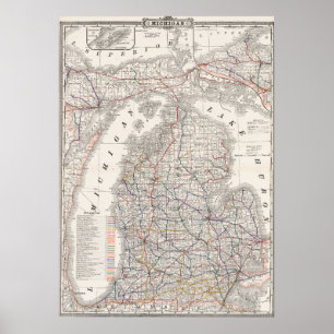 Poster Mapa Antigo Premium da Área de Michigan 1892