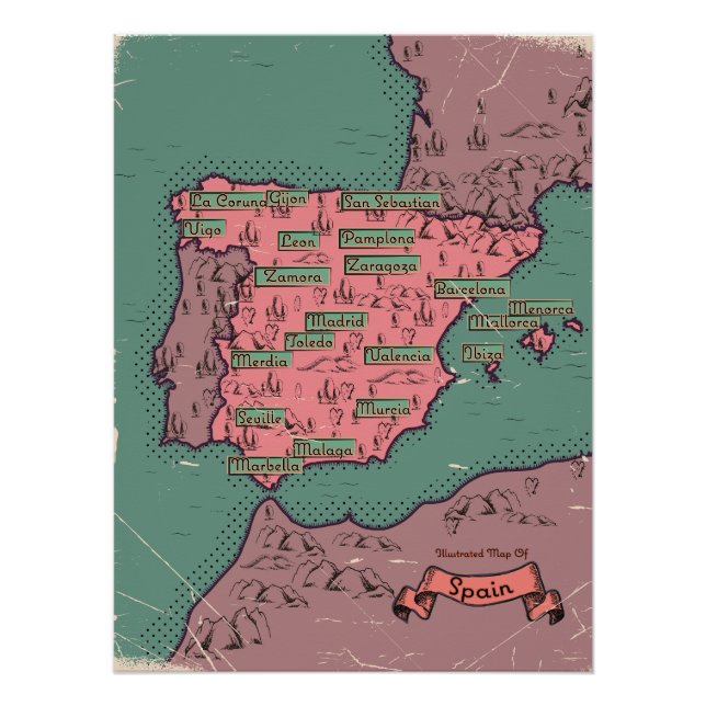 Pôster Mapa antigo vintage da Espanha (Frente)