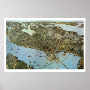 Pôster Mapa Antigo Vista Aérea Cidade de Seattle Washingt