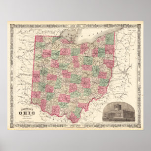 Pôster Mapa Antiquado do Decor Vintage de Ohio