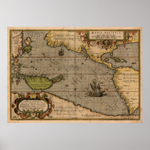Poster Mapa Antiquado Ortelius do Mar do Pacífico