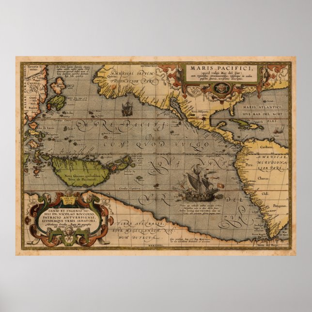 Poster Mapa Antiquado Ortelius do Mar do Pacífico (Frente)